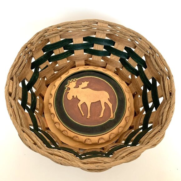 Moose Stoneware Bread Warmer Food Tile w/Basket Hot or Cold Trivet Handcrafted - Picture 2 of 12